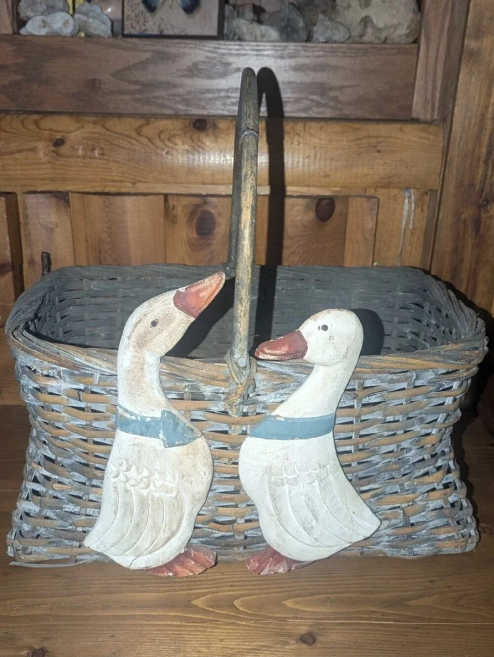 Vintage White and Blue Goose Accent Basket